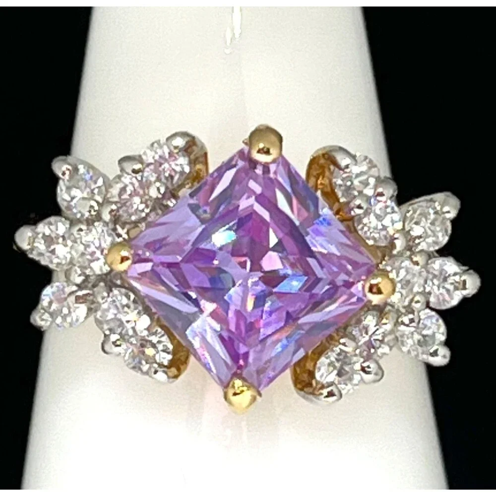Vintage 1980s Lavender CZ Ring Size 9 Princess Cut 14KTGE Gold Plate - 14F